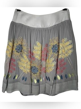 Blue Tassel Anthropologie Silk Gray Yellow Floral Embroidered Skirt Sz S Artsy